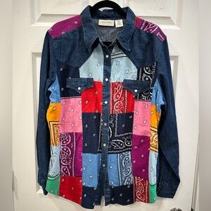 Women’s vintage lemon grass plus size dark wash bandana patch pearl snap buttons